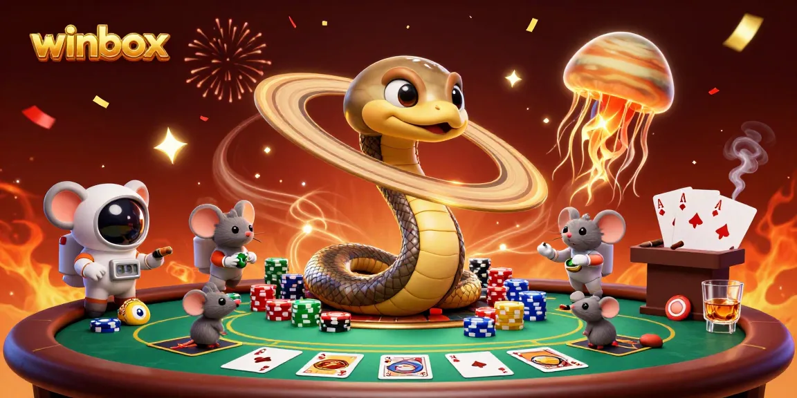 Experience thrilling bets at winbox with animated cosmic characters in a vibrant casino scene.