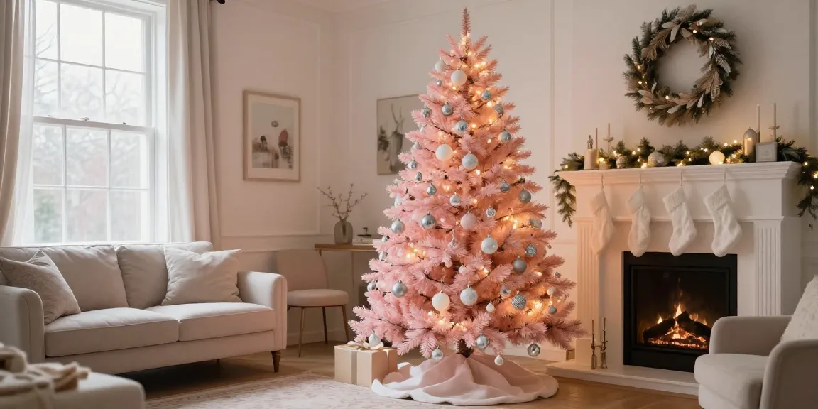 Stunning light pink Christmas tree decorated elegantly with fairy lights in a cozy living room.