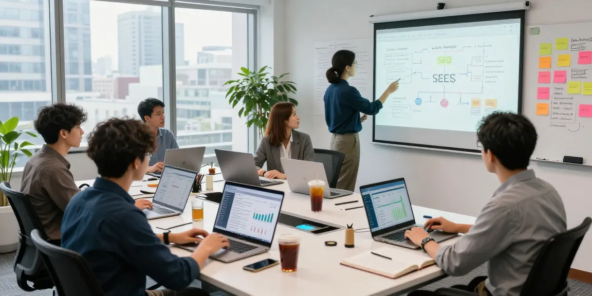 SEO specialists analyzing LLG link indexing data in a modern office.