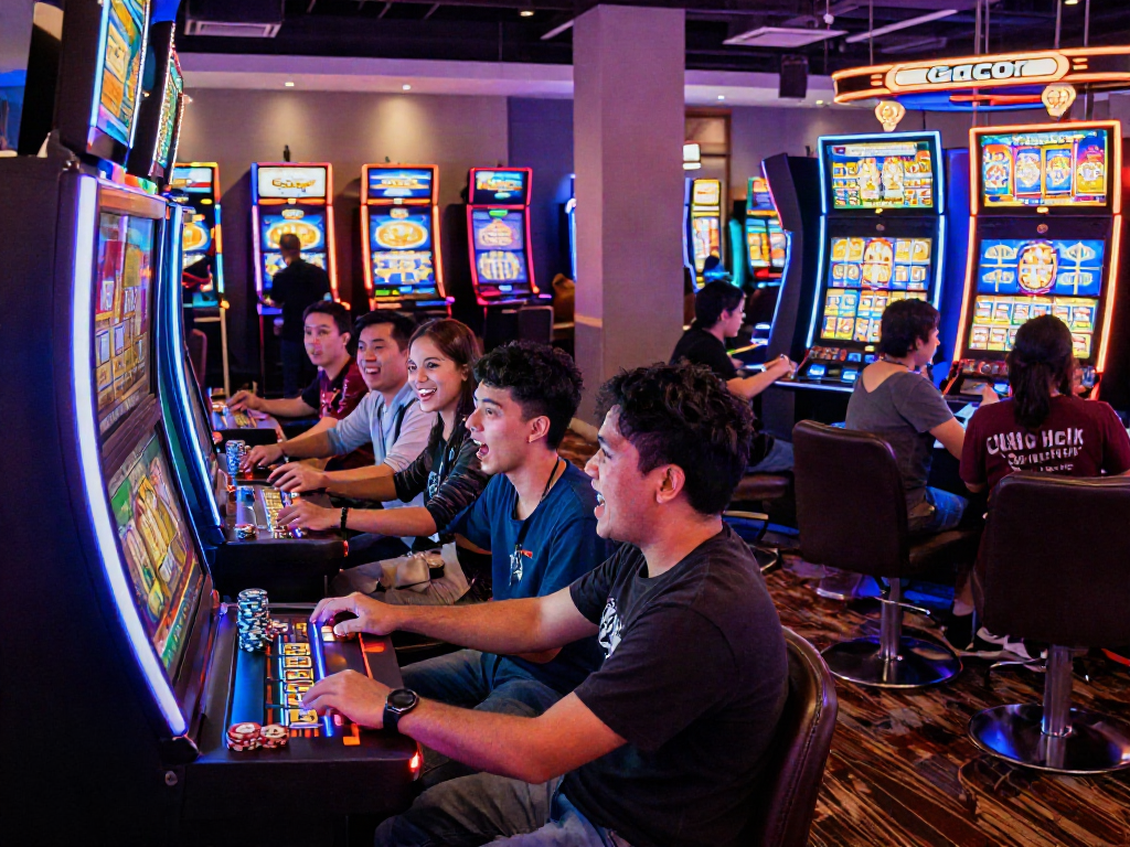 Friends enjoying the excitement of bandar slot gacor at a vibrant casino