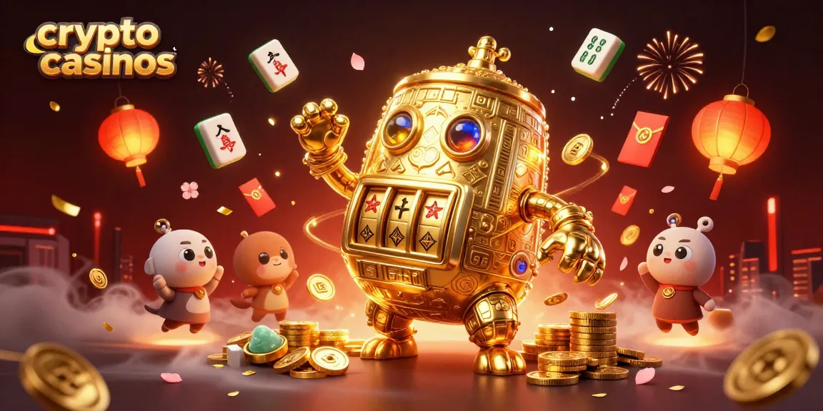 Découvrez les crypto casinos avec un golem doré animé au centre et des éléments de jeu flottants.
