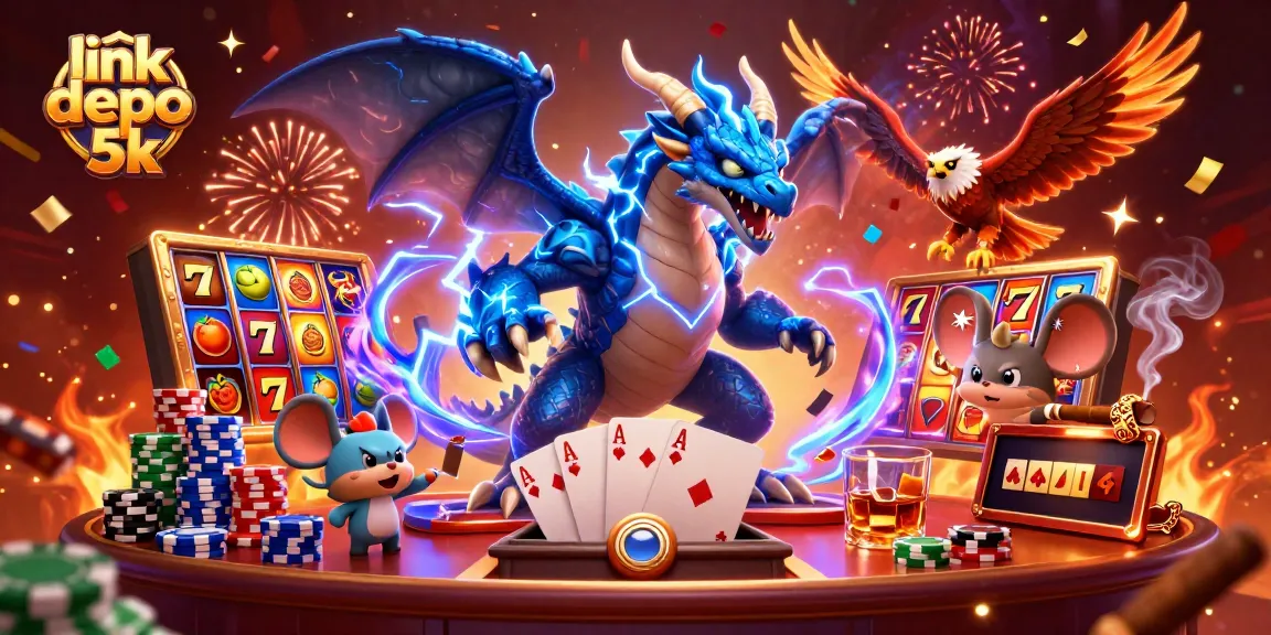 Spin to win with link depo 5k, featuring dynamic slot reels and energetic casino characters.