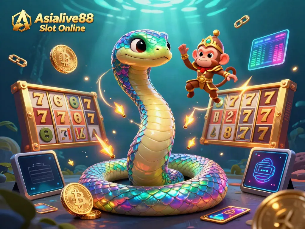 Spin the reels at Asialive88 Slot Online with a vivid scene of a playful monkey and rainbow serpent amidst vibrant slot symbols.