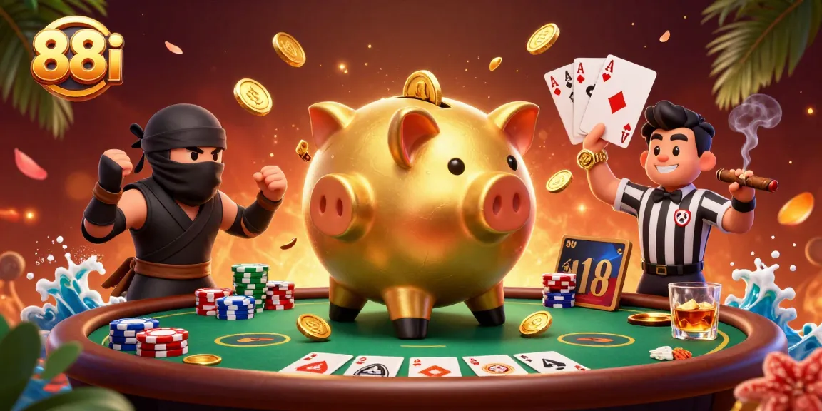 Witness a golden piggy bank sumo wrestler shake loose coins in a vibrant 88i casino scene.