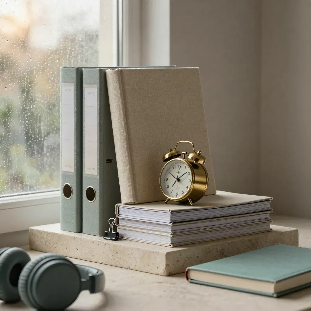 Brass timer, linen binders and flashcards on pale stone by a misty morning window