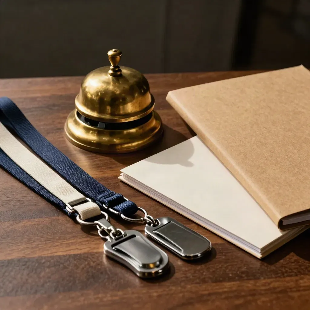 Brass desk bell, badge reels, sealed folders and folded lanyards on a warm tabletop in moody macro light.