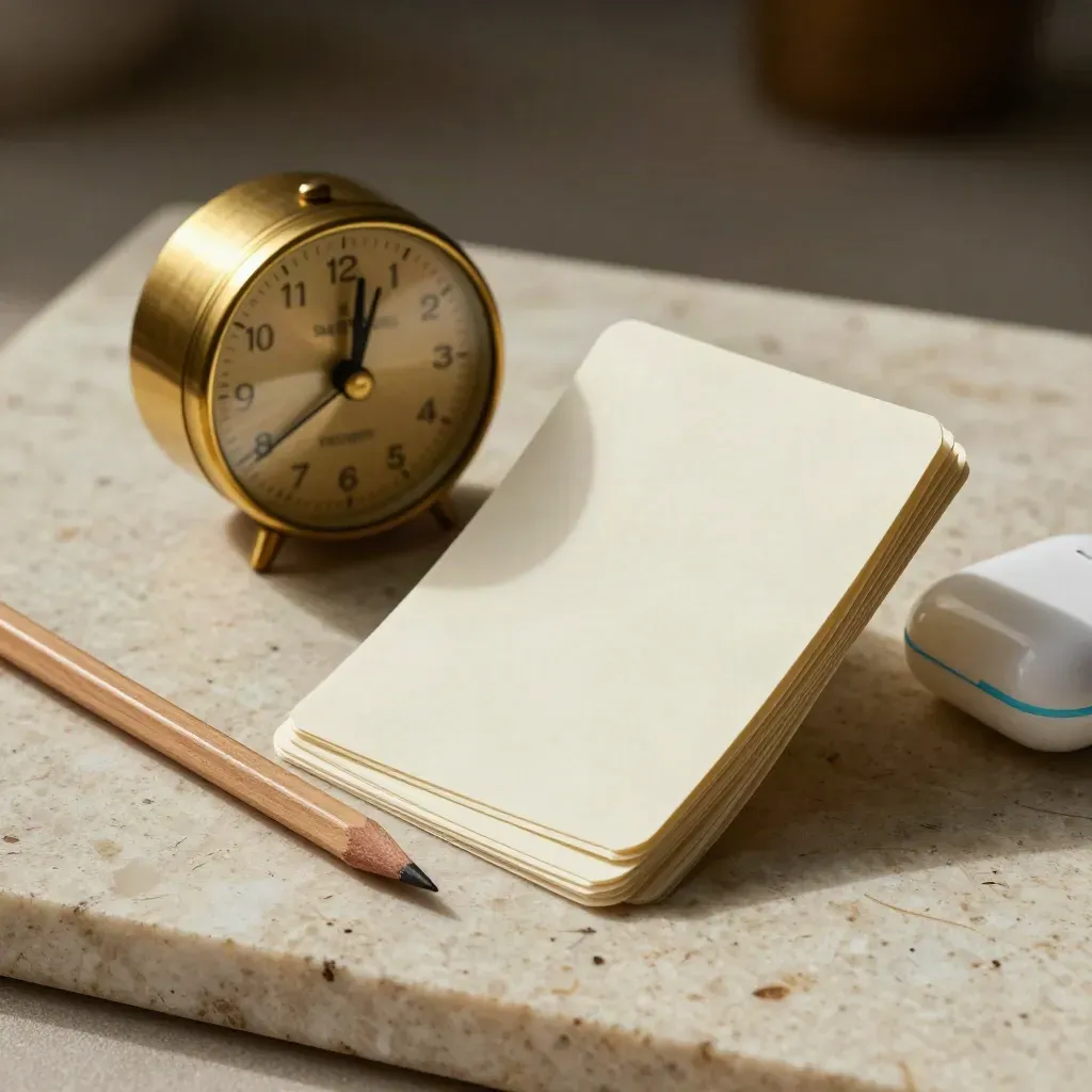 Top-down still life of a brass timer, study cards, pencil stub and earbud case on travertine.