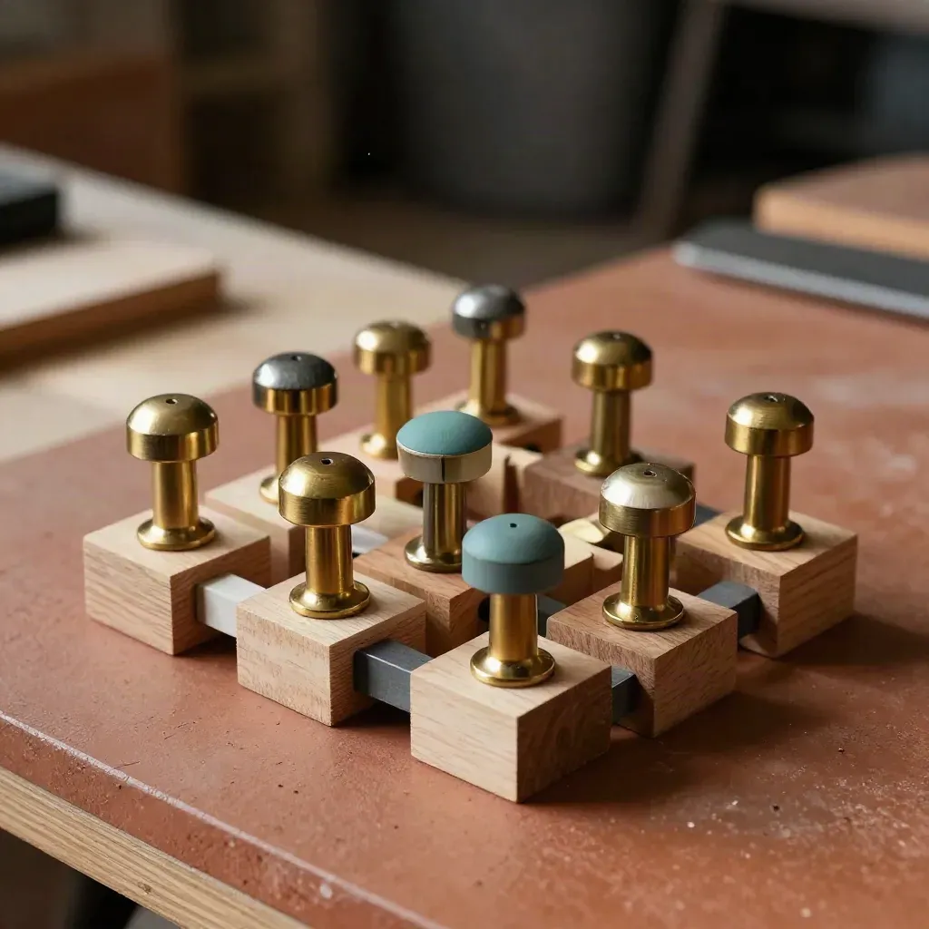 Wooden learning blocks, teal chips, and pegboard pins in a warm workshop close-up.