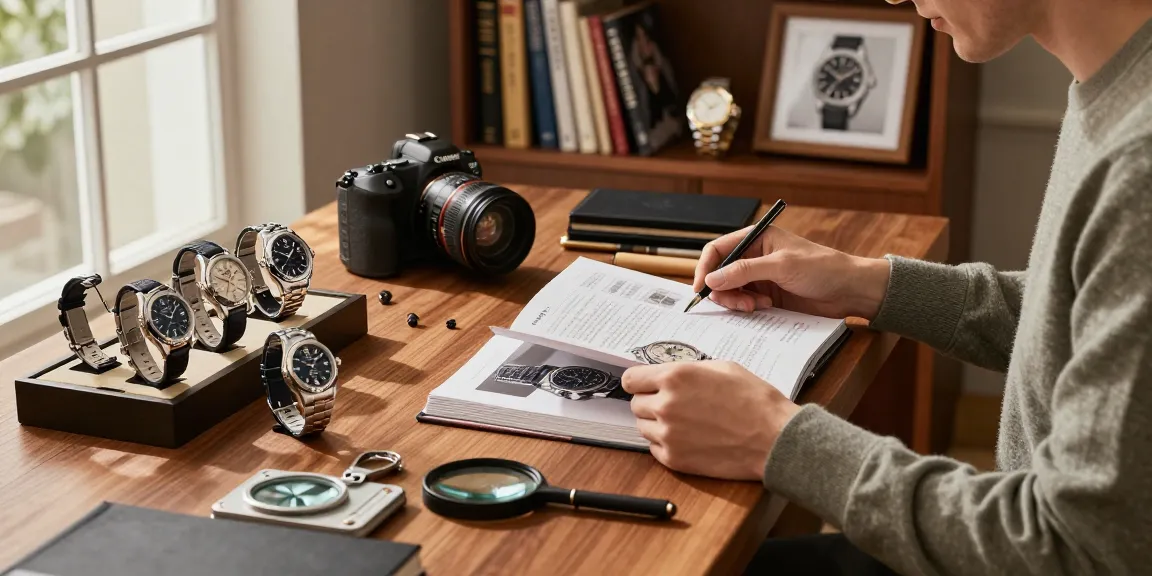 Showcasing luxury replica watches with a collector examining high-quality super clones in an elegant workspace.