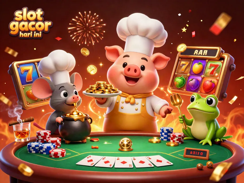 Slot gacor hari ini menampilkan ilustrasi 3D kartun chef babi melayani uang emas dengan tema perjudian yang meriah.