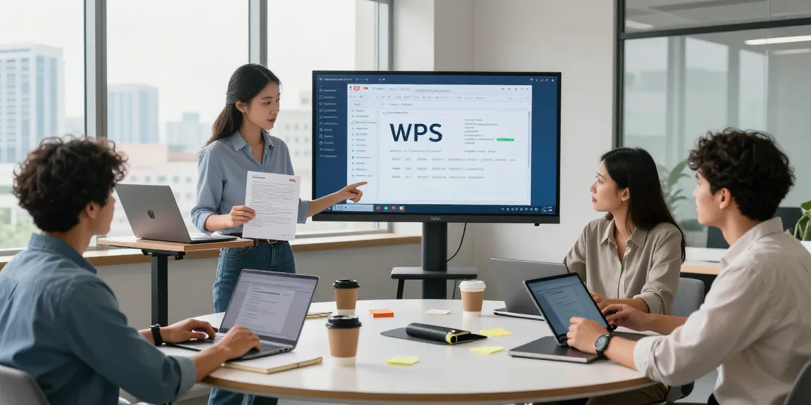 Team collaborating on WPS Office, showcasing wps下载 for seamless document editing.
