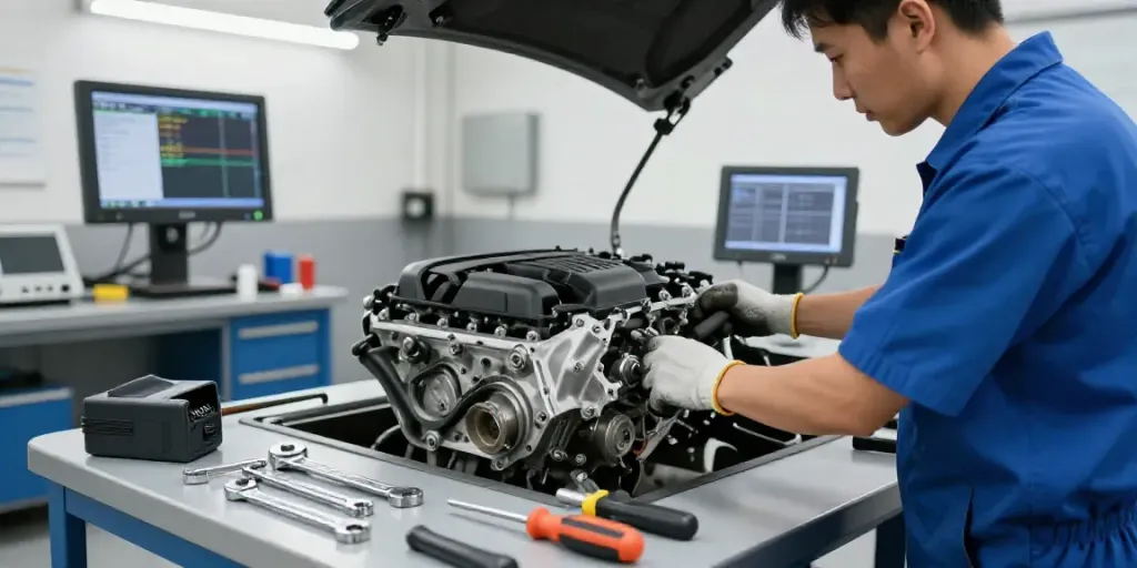 Expert technician working on BMW engine at bmw werkstatt hannover, showcasing professional automotive service.