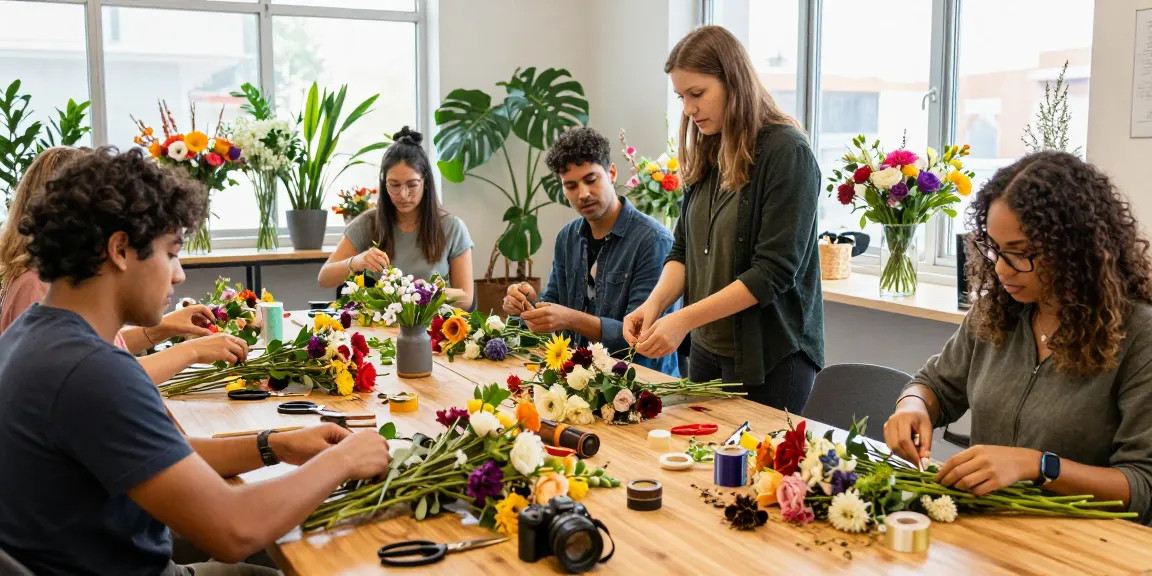 MODALWD floral design students creating vibrant arrangements in a bright classroom.