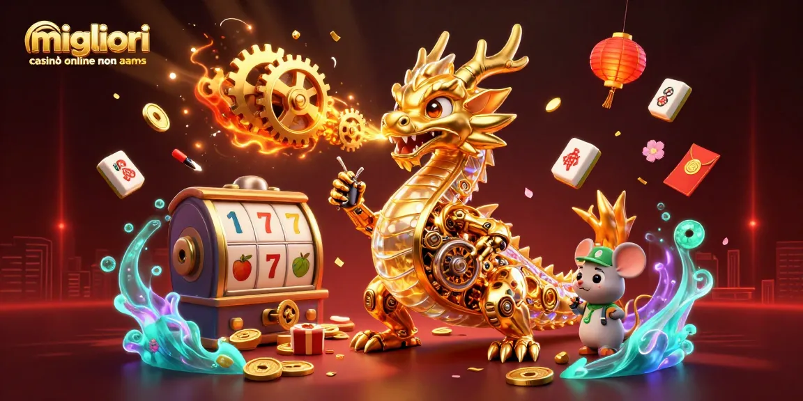 Migliori casinò online non AAMS: Illustrazione 3D di un drago meccanico d'oro con elementi di gioco, rulli slot e simboli fortunati.
