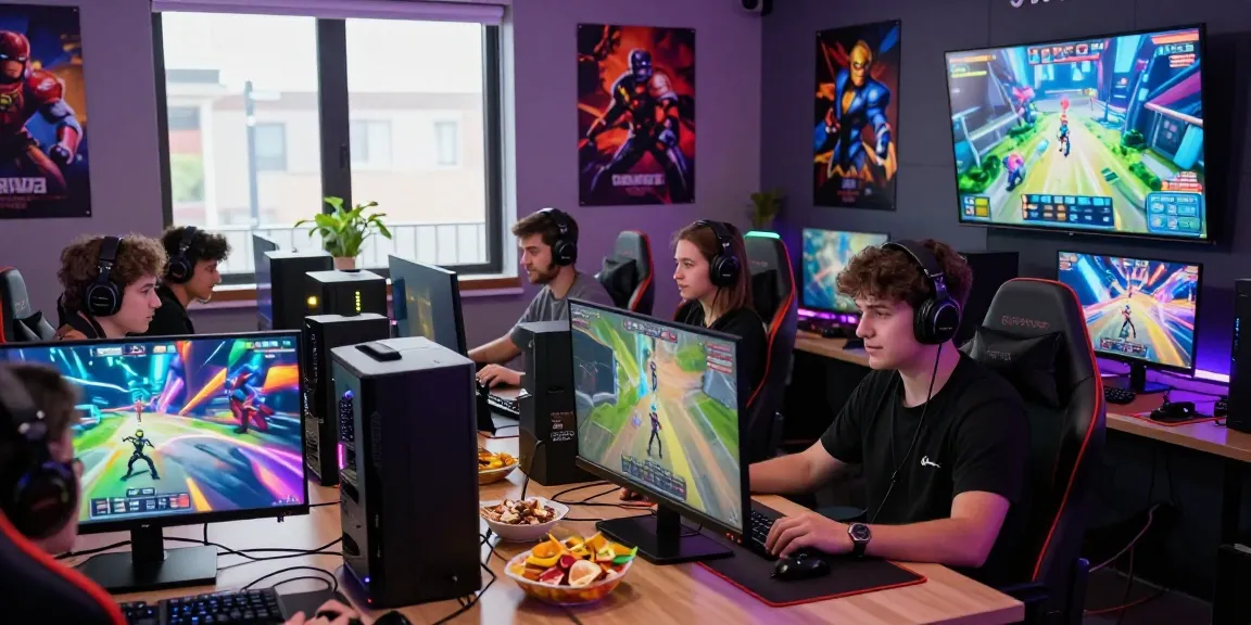 rokok88 gaming scene with friends enjoying competitive play in a vibrant gaming room filled with tech and snacks.