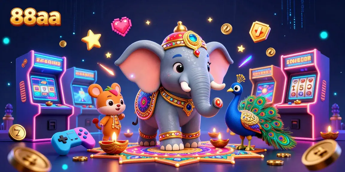 Engage with 88aa through vibrant casino elements like slot machines and a cartoon elephant.