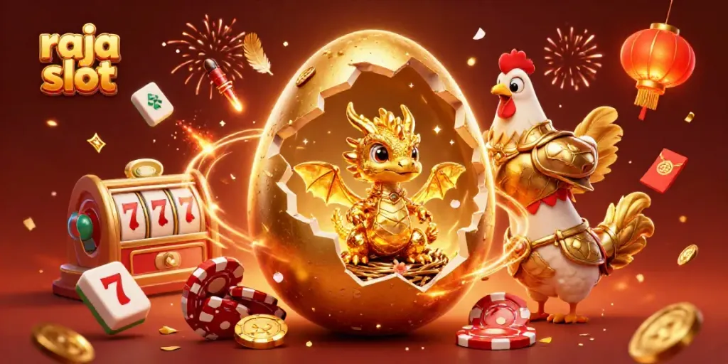 Raja slot memperlihatkan karakter 3D luar biasa dengan telur emas dan naga, berputarnya slot jackpot.