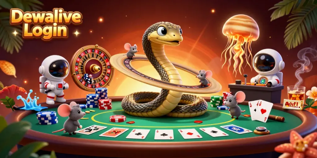 Engage with Dewalive Login and experience a thrilling gambling scene with cosmic characters and vibrant casino elements.