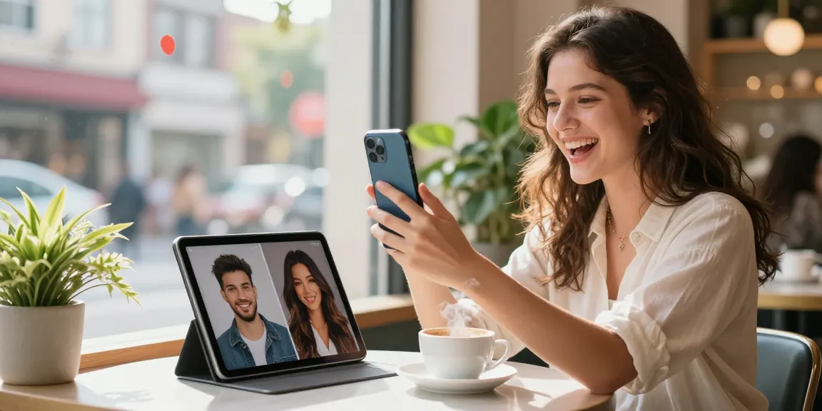 Young woman excitedly finding look alikes of famous people in a charming café.