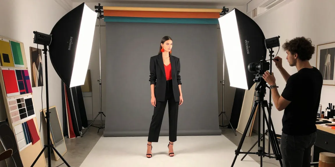 Photographie d'un studio fotografico Milano avec modèle en haute couture et éclairage professionnel.