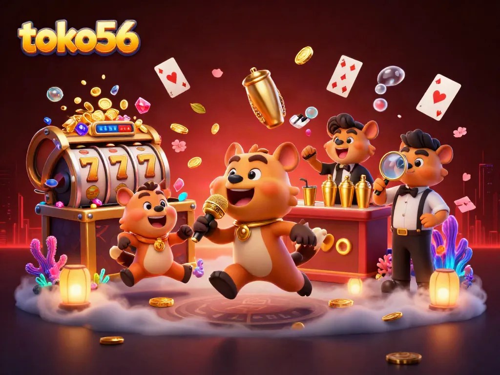 Toko56 menghadirkan kasir bartender dan pelawak kartun dalam suasana kasino yang meriah dengan slot dan peti harta karun.
