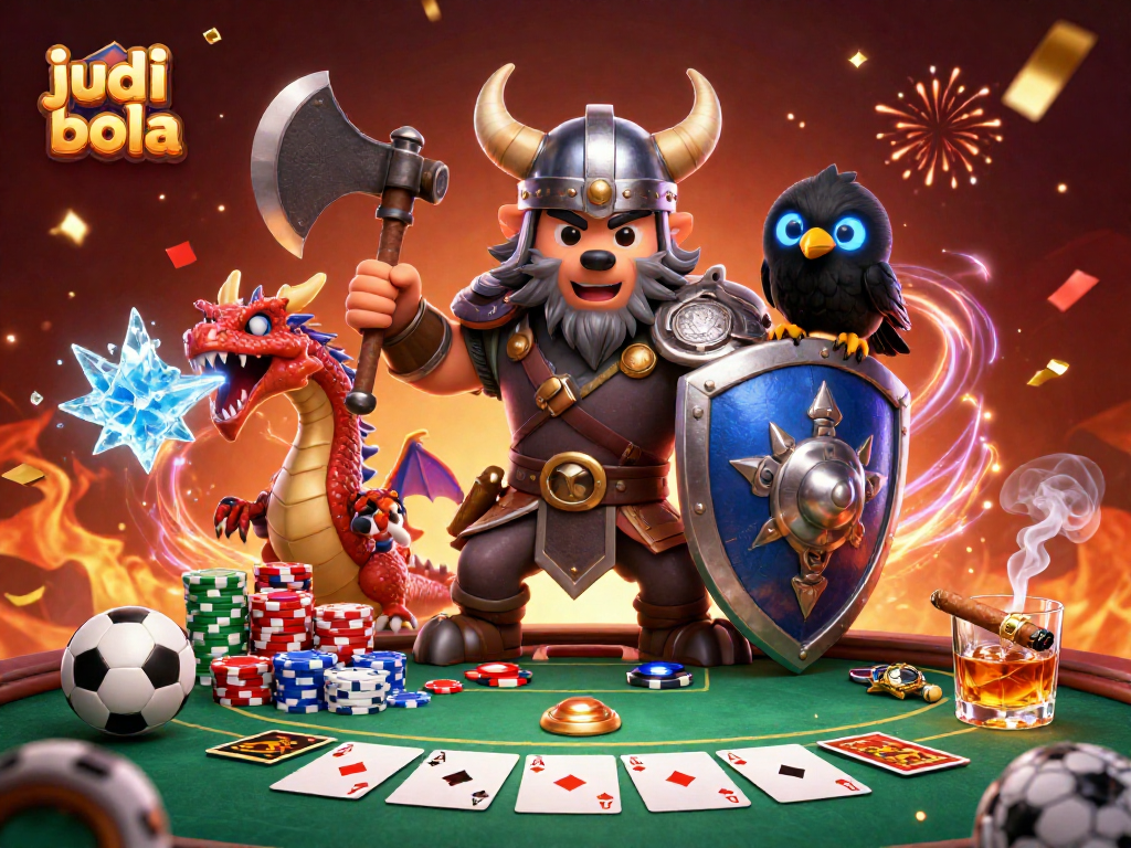 Engage in judi bola excitement with a Viking warrior and dragon amid a vibrant casino scene.