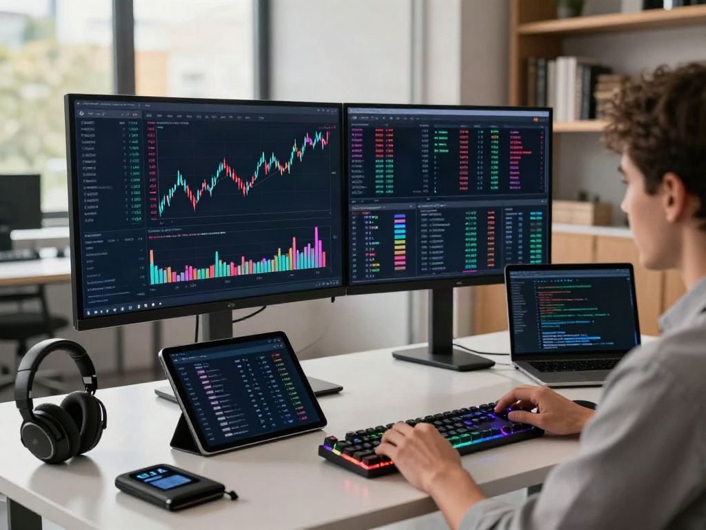 Real-time financial data API environment showcasing 量化投资数据API on cryptocurrency exchange displays and software.