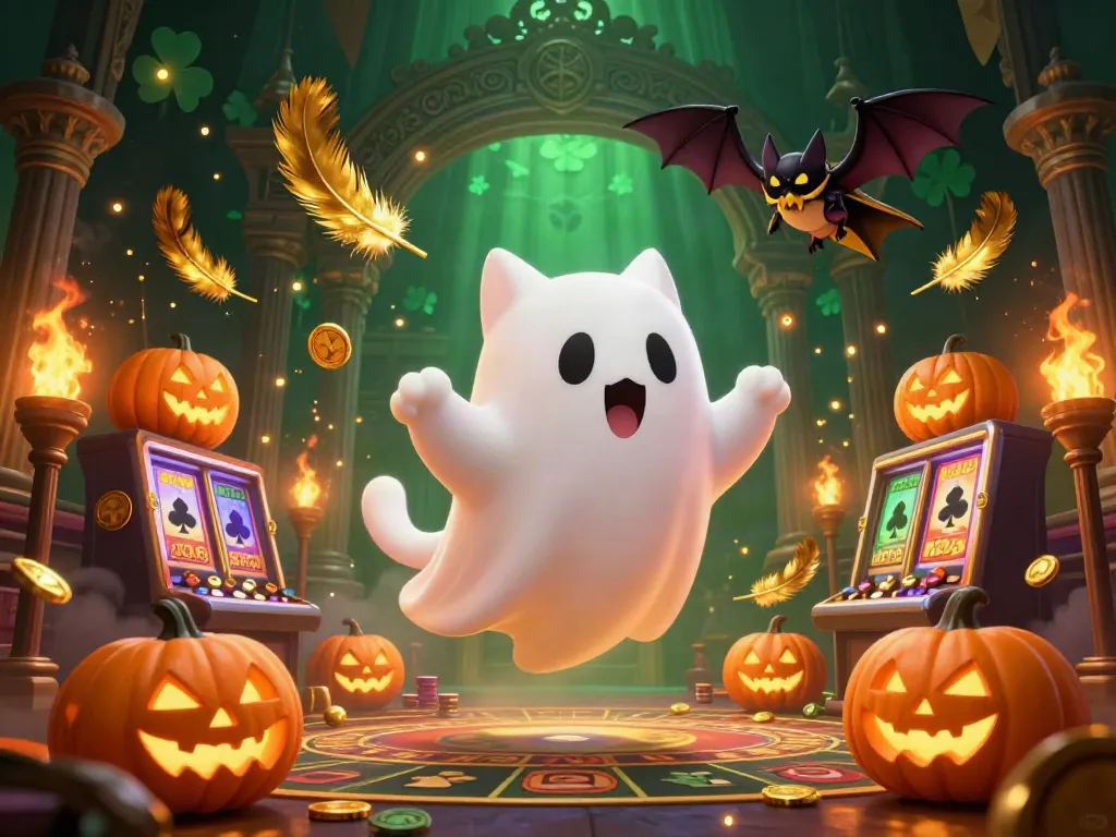 Engage with the vibrant เว็บสล็อต scene featuring a friendly ghost cat and a vampire bat in a haunted casino atmosphere.
