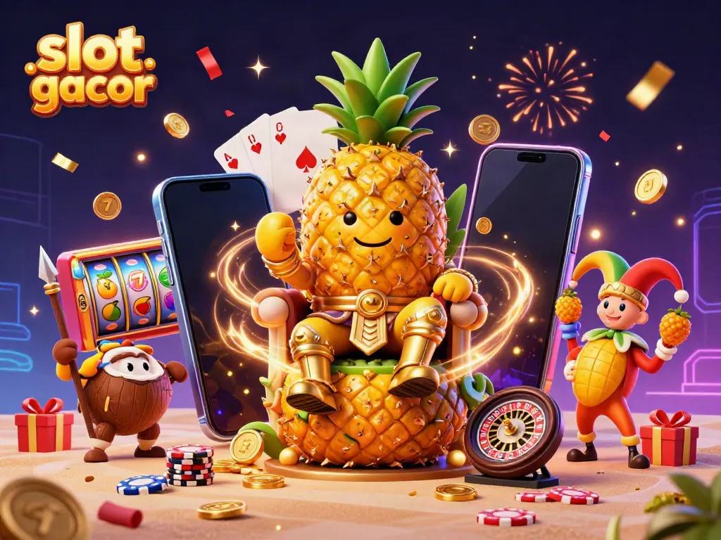 Experience the excitement of slot gacor with a vibrant 3D casino scene filled with colorful characters and game elements.