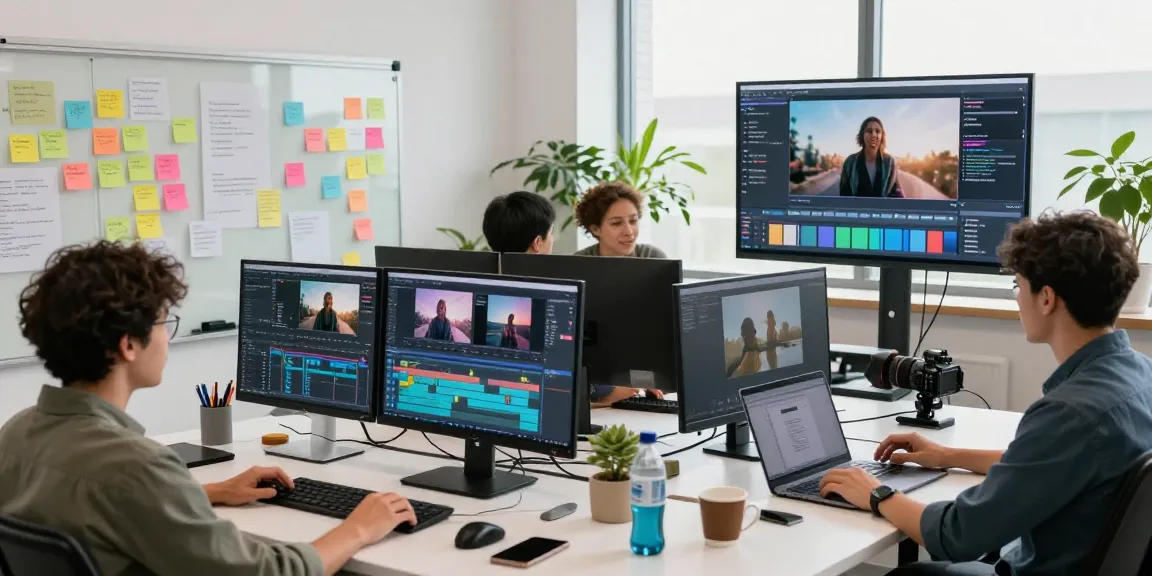Collaborative video editing studio scene utilizing video prompt AI technology for innovative projects.