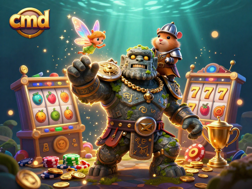 cmd slots come alive in an enchanting 3D scene featuring golem and hamster knight.