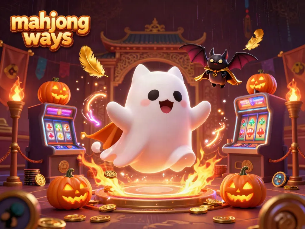 Experience exciting mahjong ways action in a haunted casino with ghost cat, vampire bat, and glowing pumpkins.