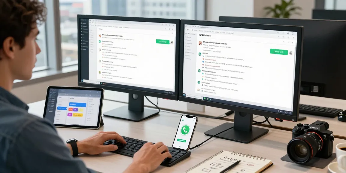 Professional workspace featuring WhatsApp網頁版 on dual monitors with tech gadgets and urban office backdrop.
