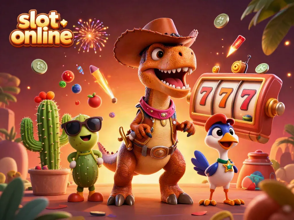 Experience the excitement of slot online with a cowboy dinosaur and friends surrounded by vibrant casino elements.