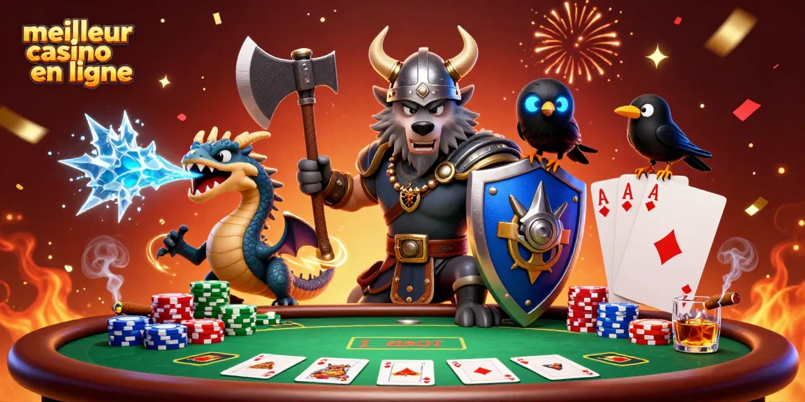 Profitez de la meilleure expérience de jeu au meilleur casino en ligne avec un guerrier viking et un dragon.