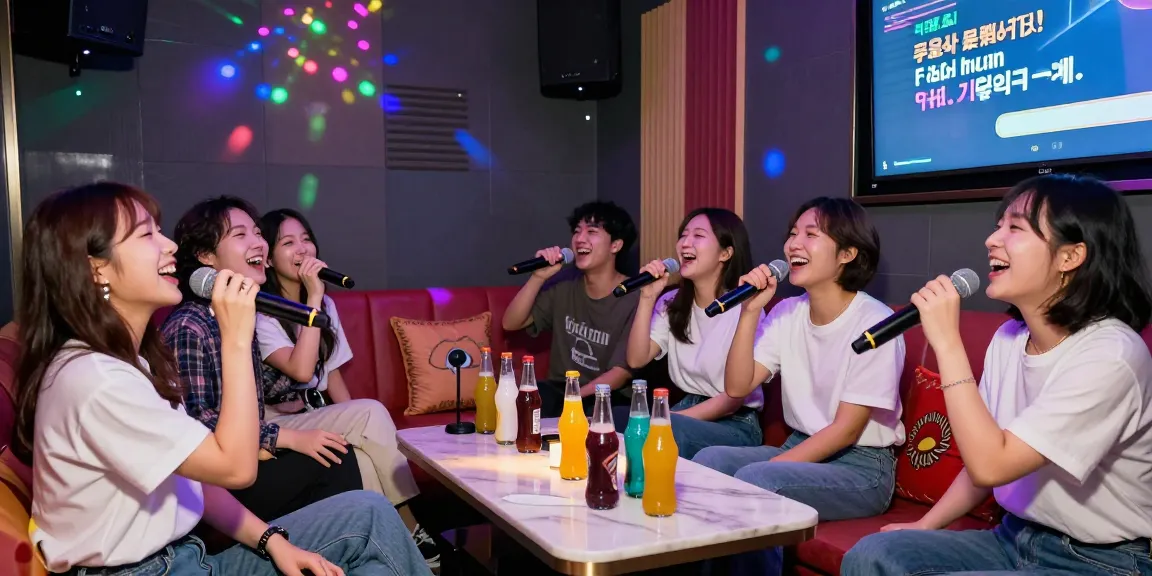 Energetic karaoke fun at 강남노래방 with friends singing and enjoying the atmosphere.