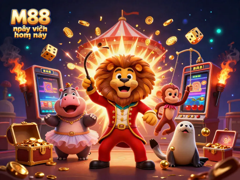 Trải nghiệm M88 mới nhất hôm nay với hình ảnh 3D sôi động của sòng bạc và nhân vật hoạt hình hấp dẫn.