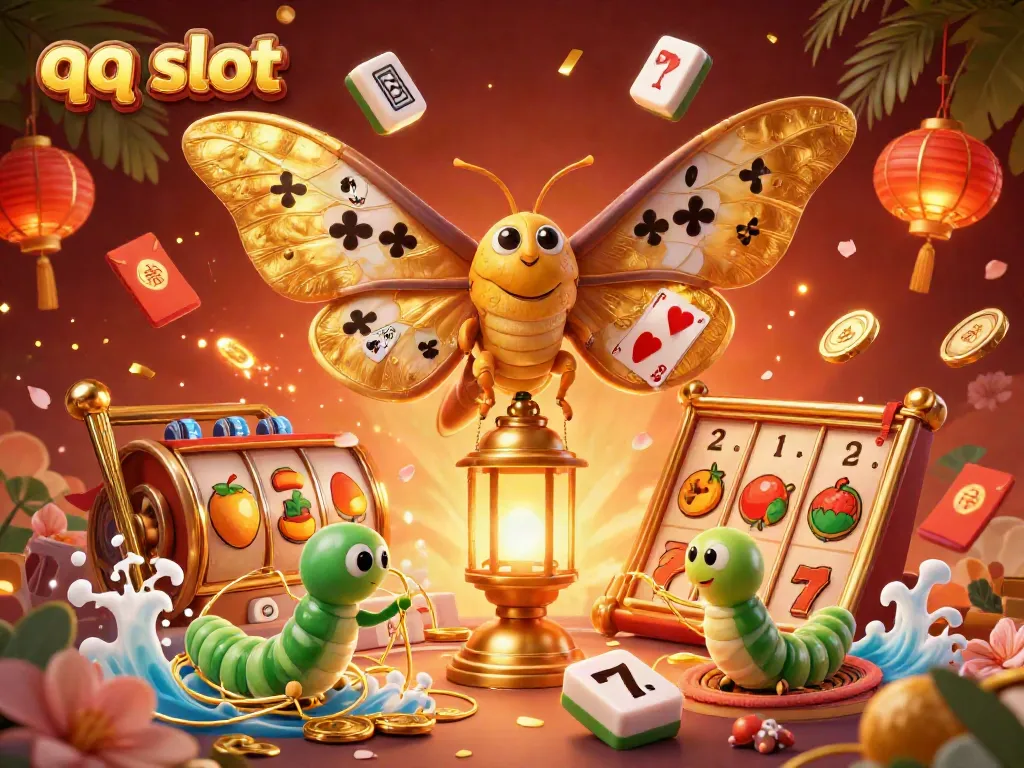 Experience the thrilling qq slot game as golden butterflies and vibrant casino elements come to life.