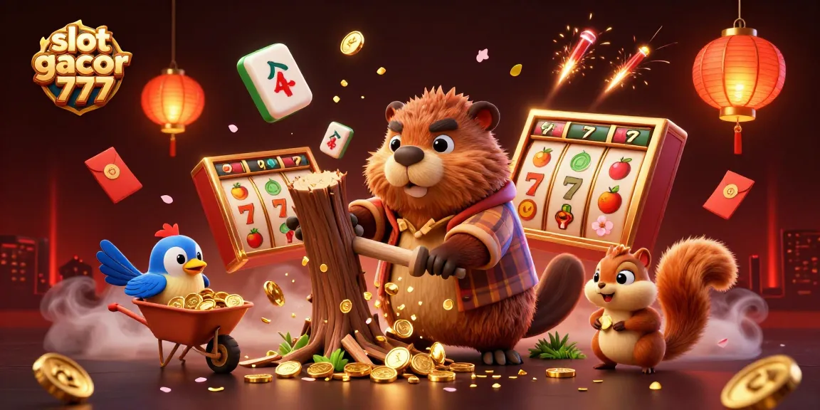 Experience excitement with slot gacor 777 as the beaver collects gold coins, surrounded by vibrant casino elements.