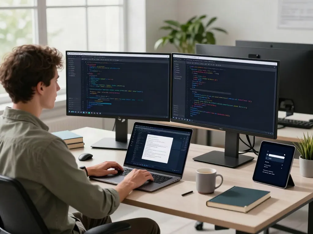 Developer coding on Brave浏览器 in a modern office setting.
