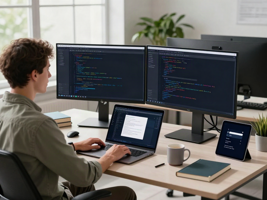 Developer coding on Brave浏览器 in a modern office setting.