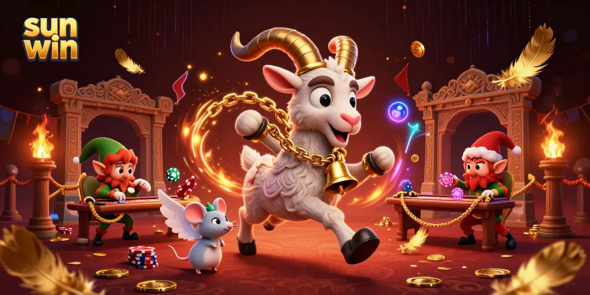 Engage in thrilling casino action with sun win and festive characters stealing poker chips.