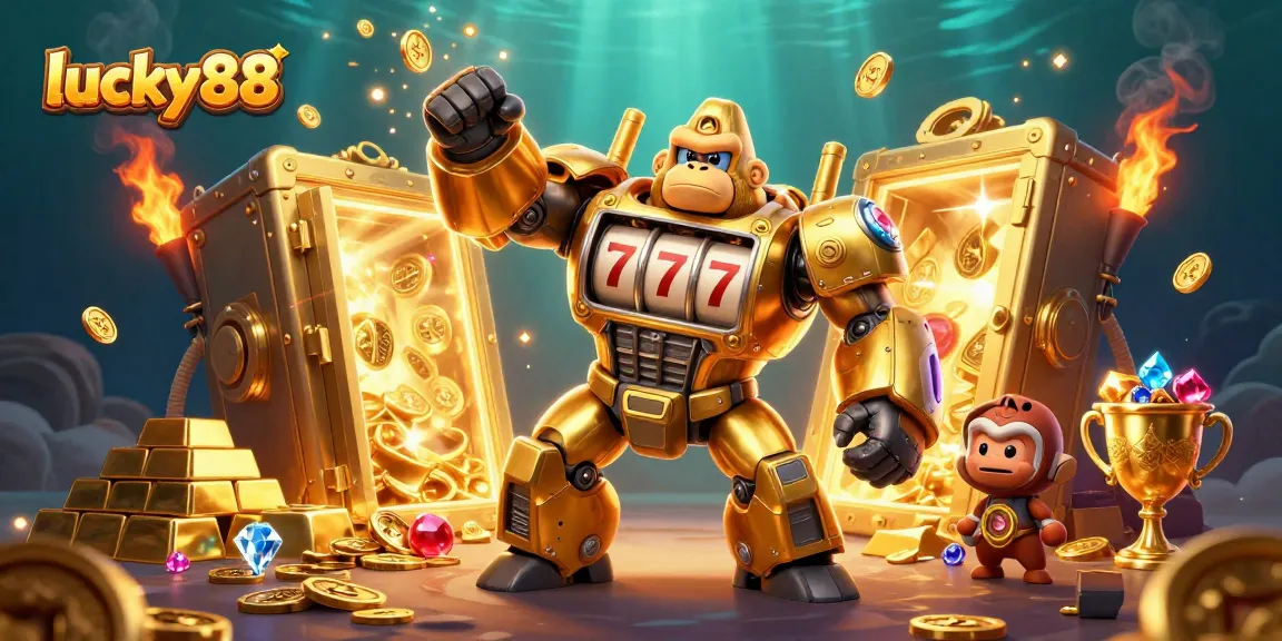 Experience the exciting lucky88 gaming adventure with a gold-filled 3D casino scene bursting with treasures.