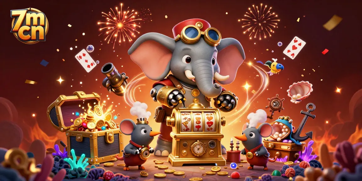 Experience thrilling wins with 7m cn as the steampunk elephant spins the golden slot machine amidst exploding treasure and glowing energy.