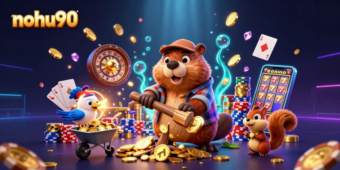 Join the fun with nohu90 as the lumberjack beaver wins coins in this exciting casino-themed scene.