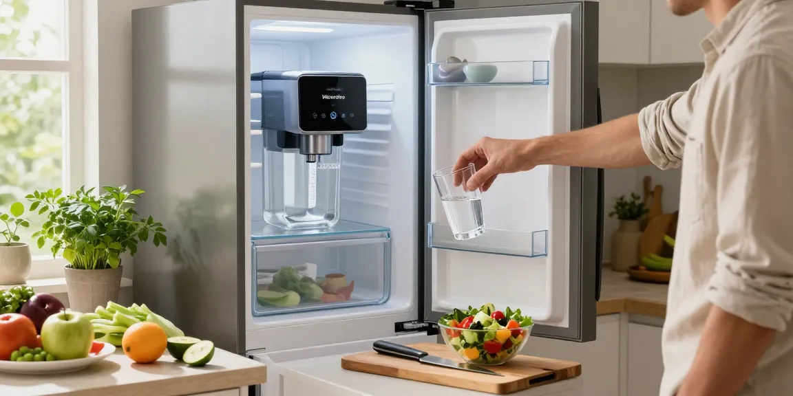 Waterdrop dw2042fr-09 water filter in a modern kitchen, chef pouring crystal-clear water into a glass, showcasing healthy living.