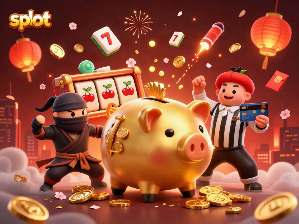 Engaging scene featuring a piggy bank sumo wrestler and wallet ninja amidst slot elements.
