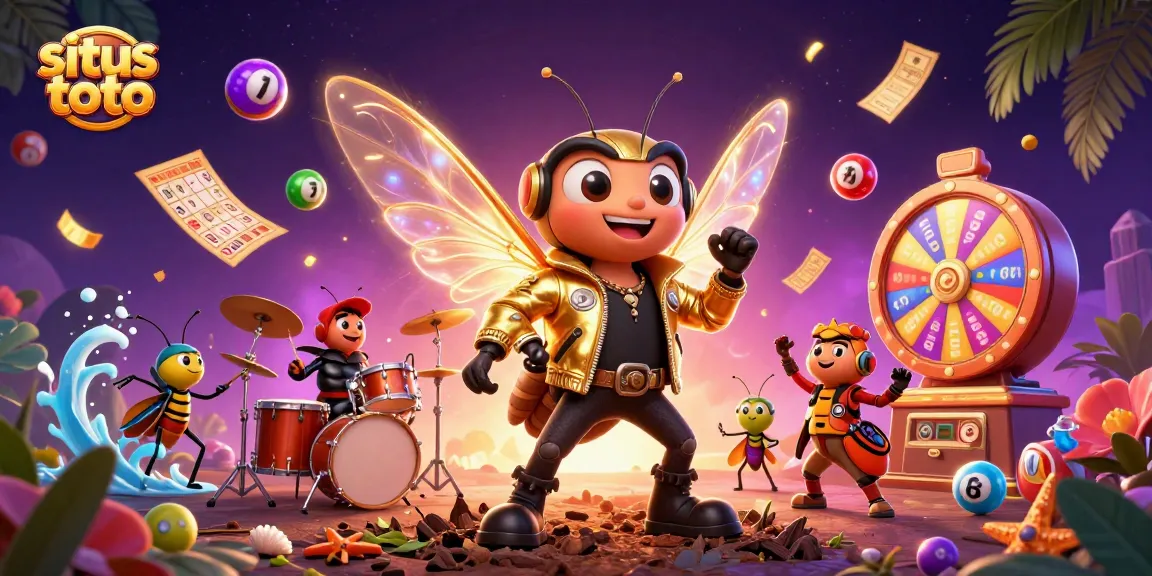 Engage in situs toto excitement with vibrant lottery balls, a rock star cicada, and a beetle drummer.