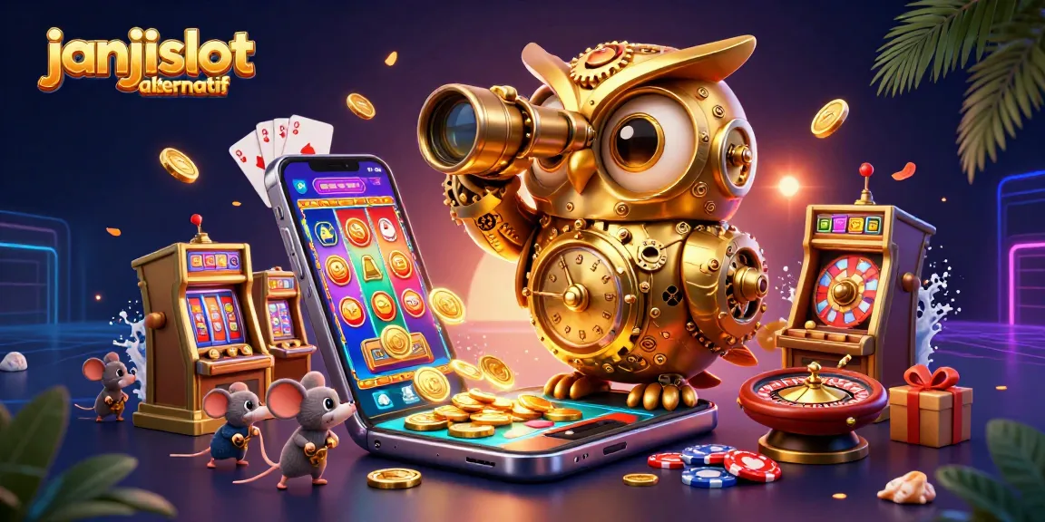 Spin to win at janjislot alternatif with a vibrant casino scene featuring a golden owl.