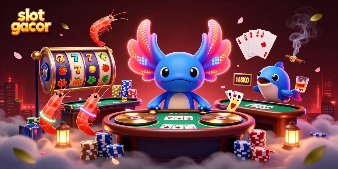 Experience slot gacor action with a vibrant 3D casino scene featuring a DJ axolotl and energetic sea creatures.